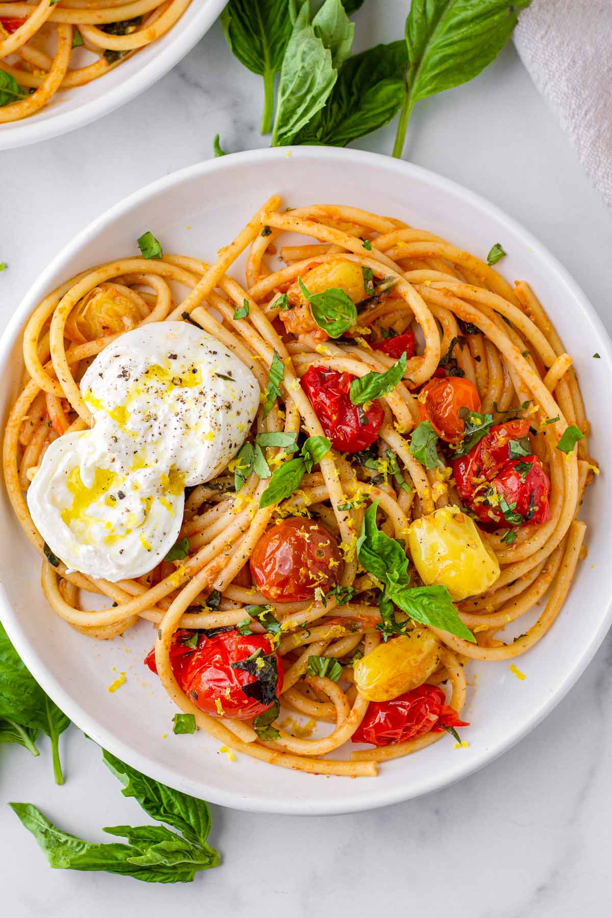 tomato basil pasta on plate