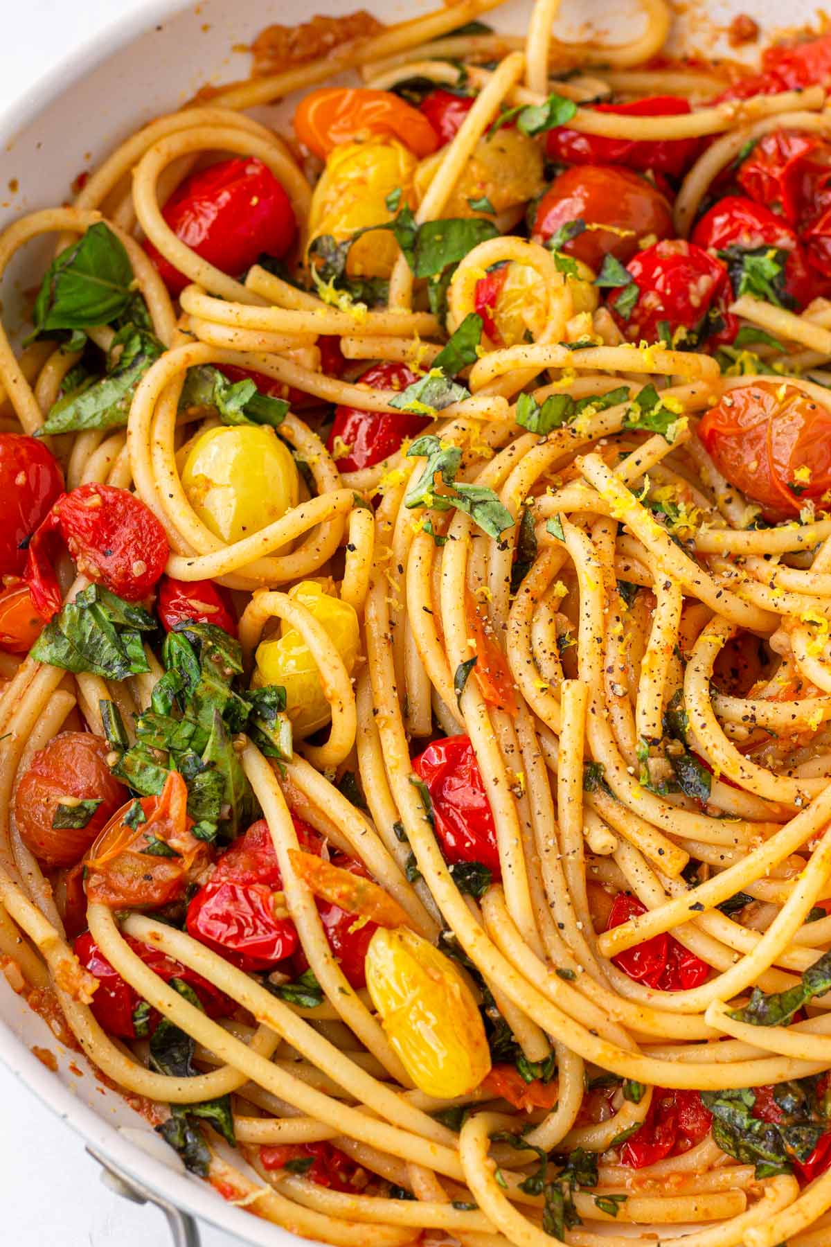 close up of pasta on skillet