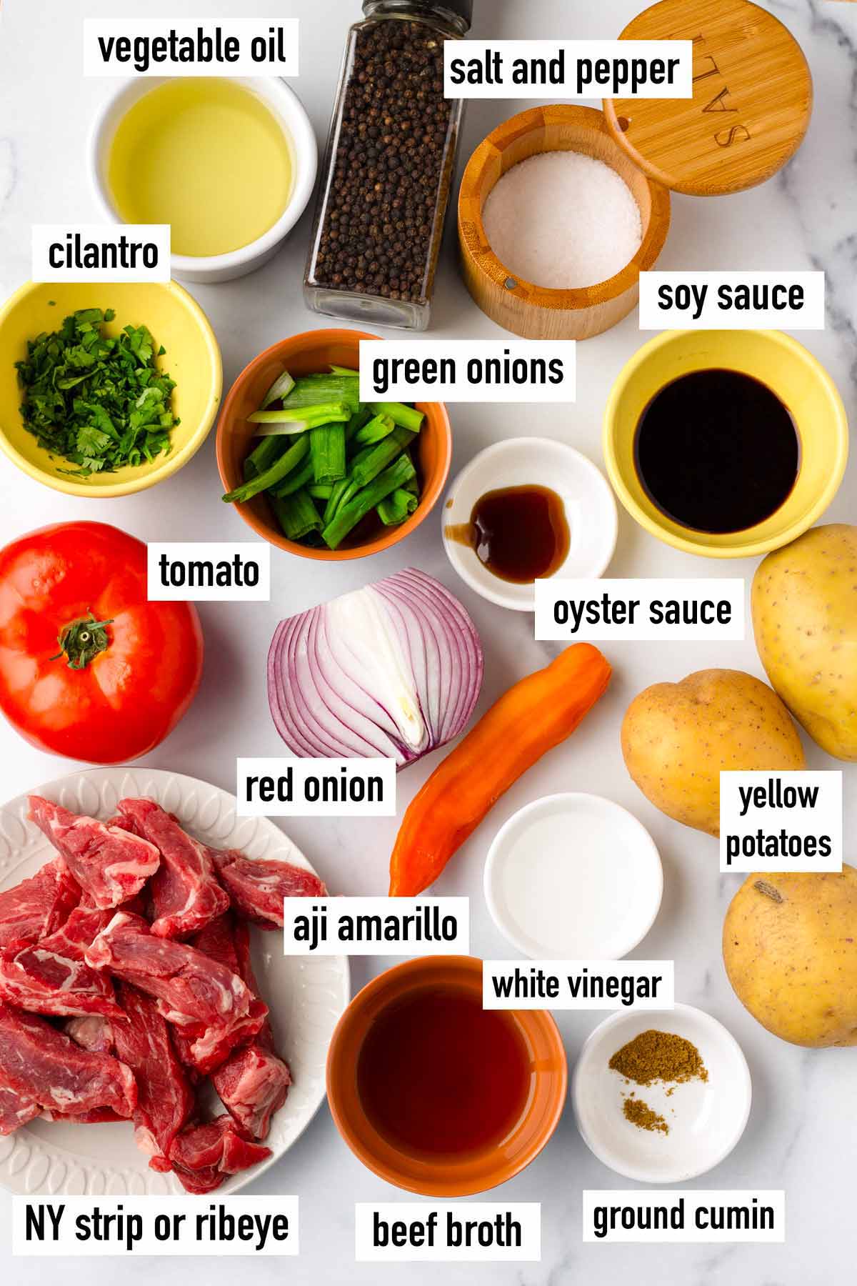 labeled ingredients for lomo saltado