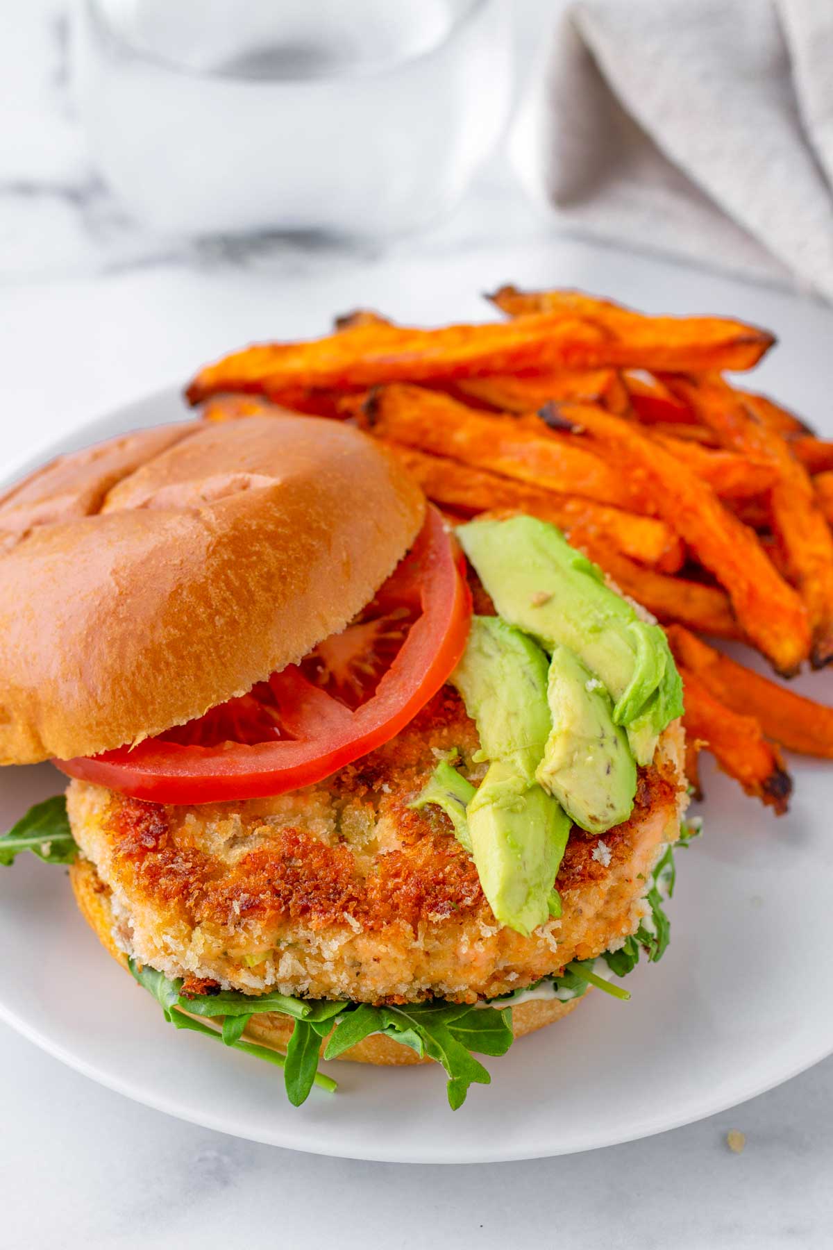 panko salmon burger with sweet potato fries