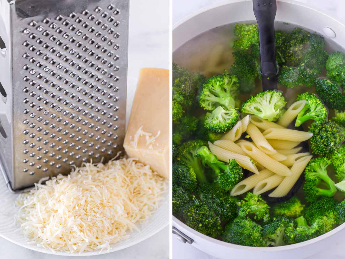 shredding cheese and cooking pasta and broccoli