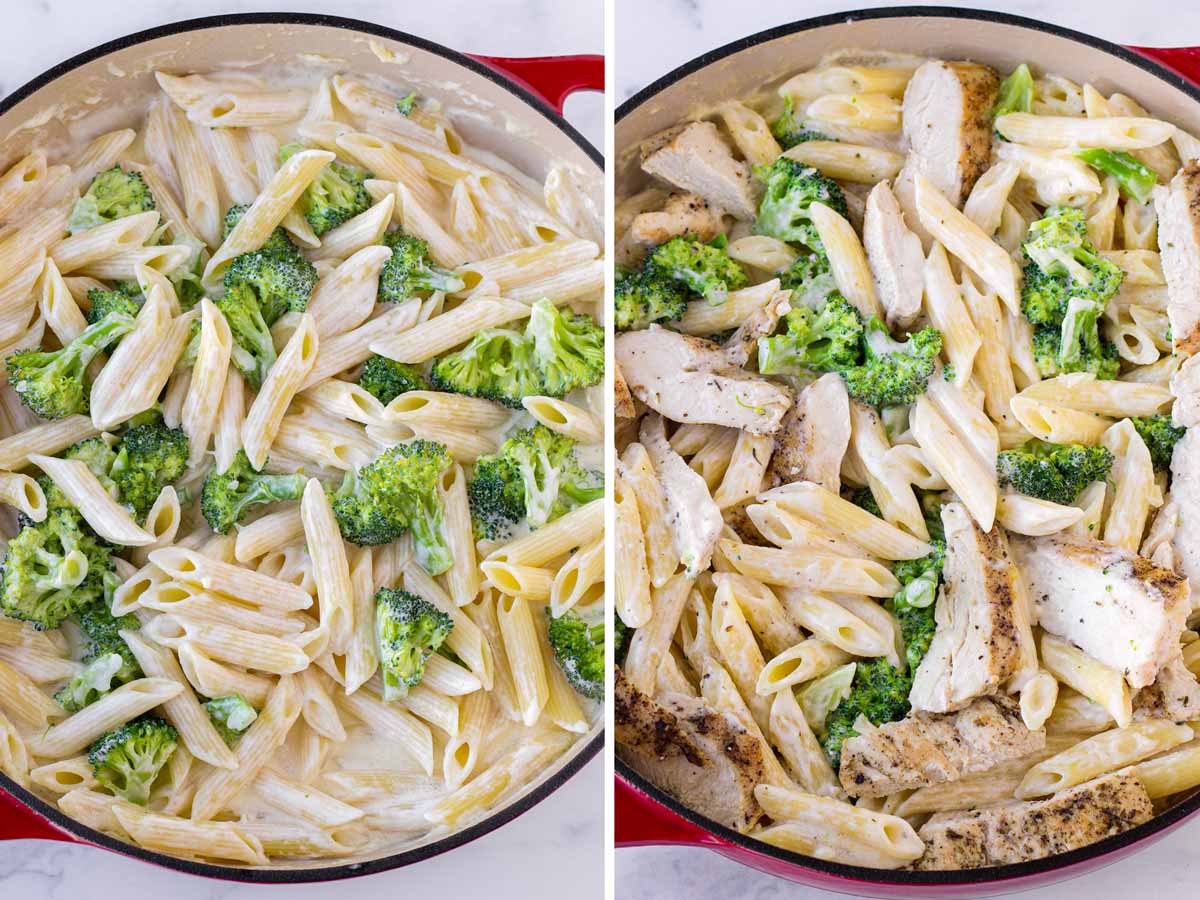 tossing pasta and chicken with sauce