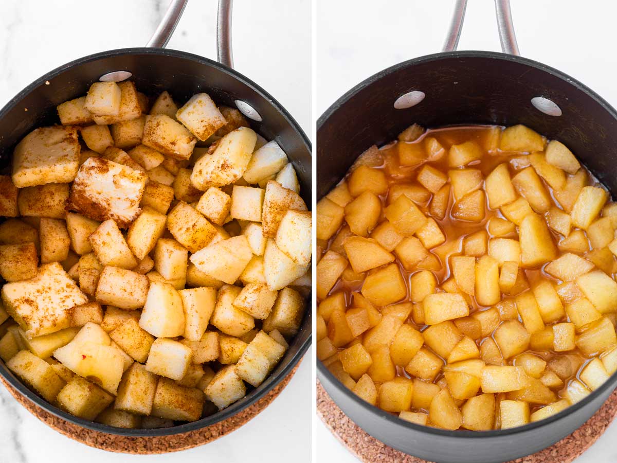 cooked apples in saucepan