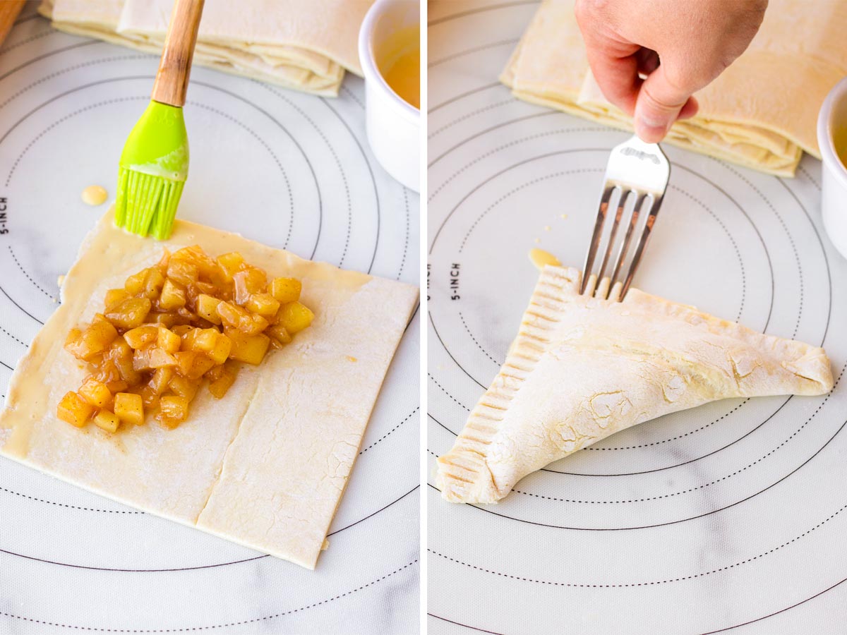 adding the apple filling on the puff pastry