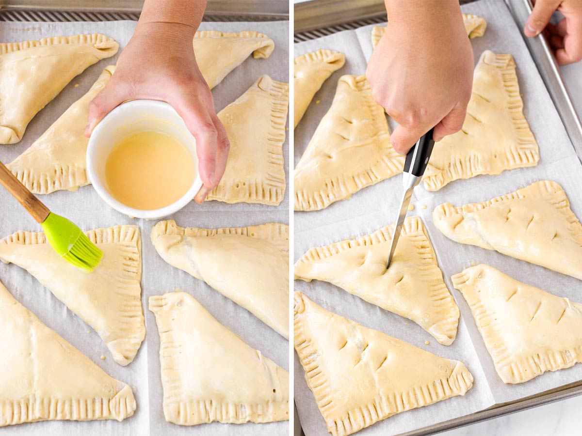 brushing the assembled turnovers with egg wash