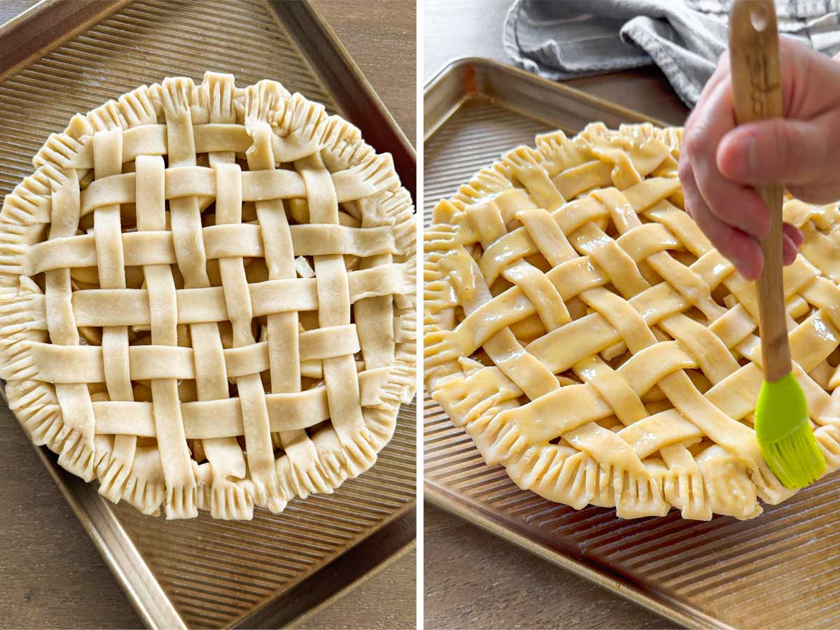 brushing assembled apple pie