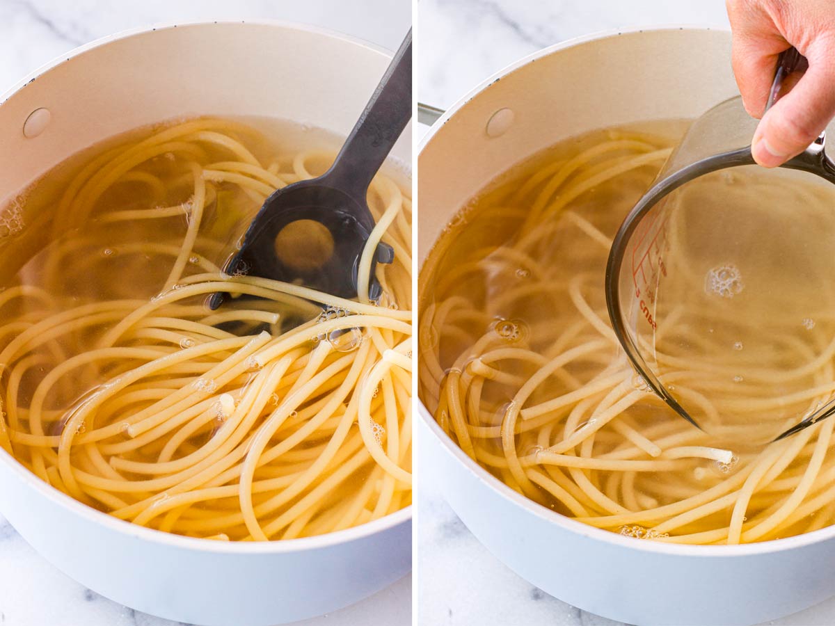 cooking bucatini pasta in a pot