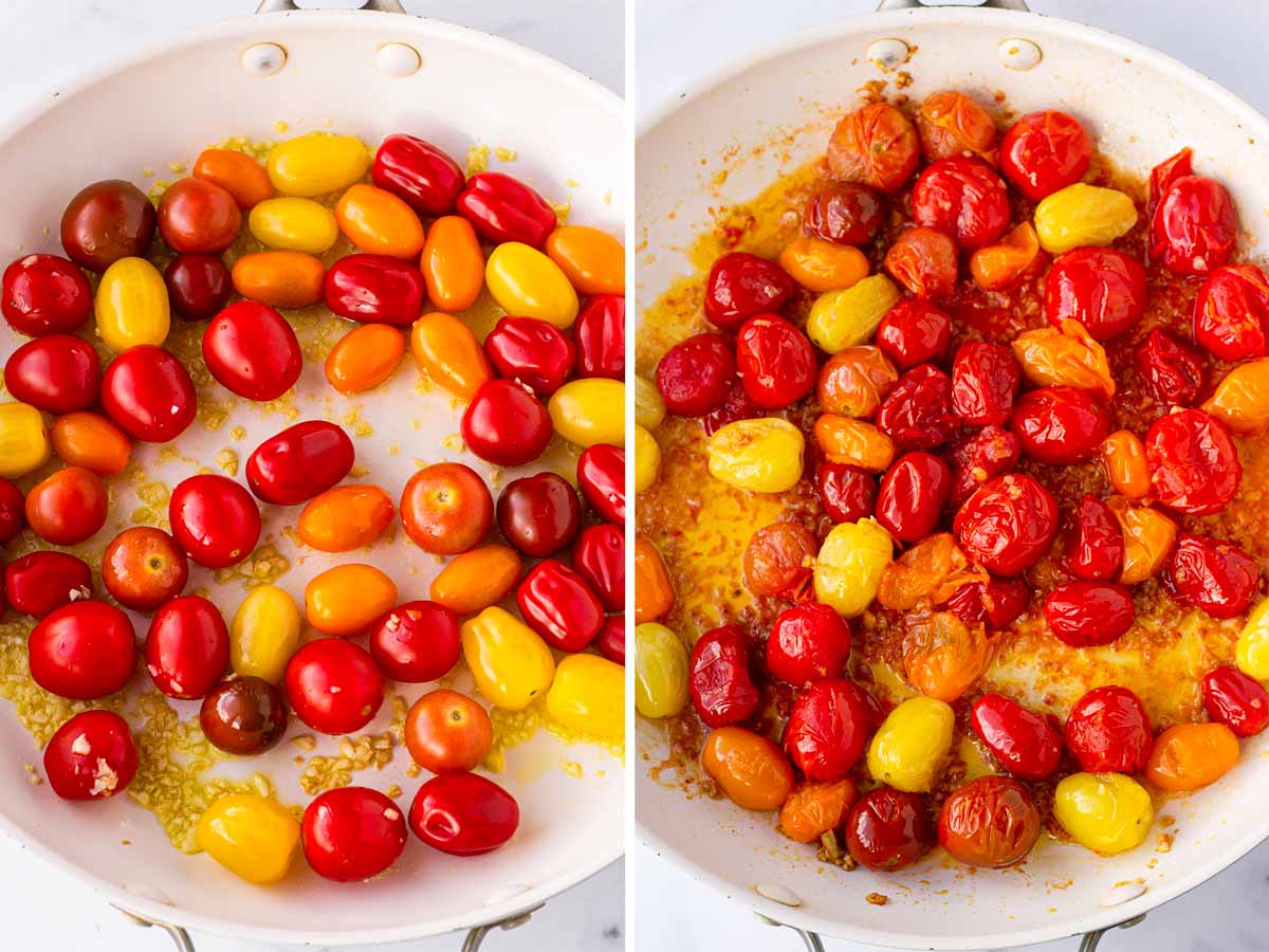 making the blistered tomato sauce in skillet