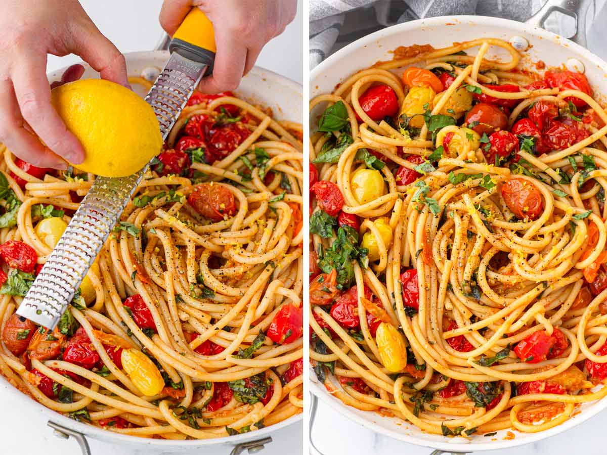 finishing tomato basil pasta with lemon zest