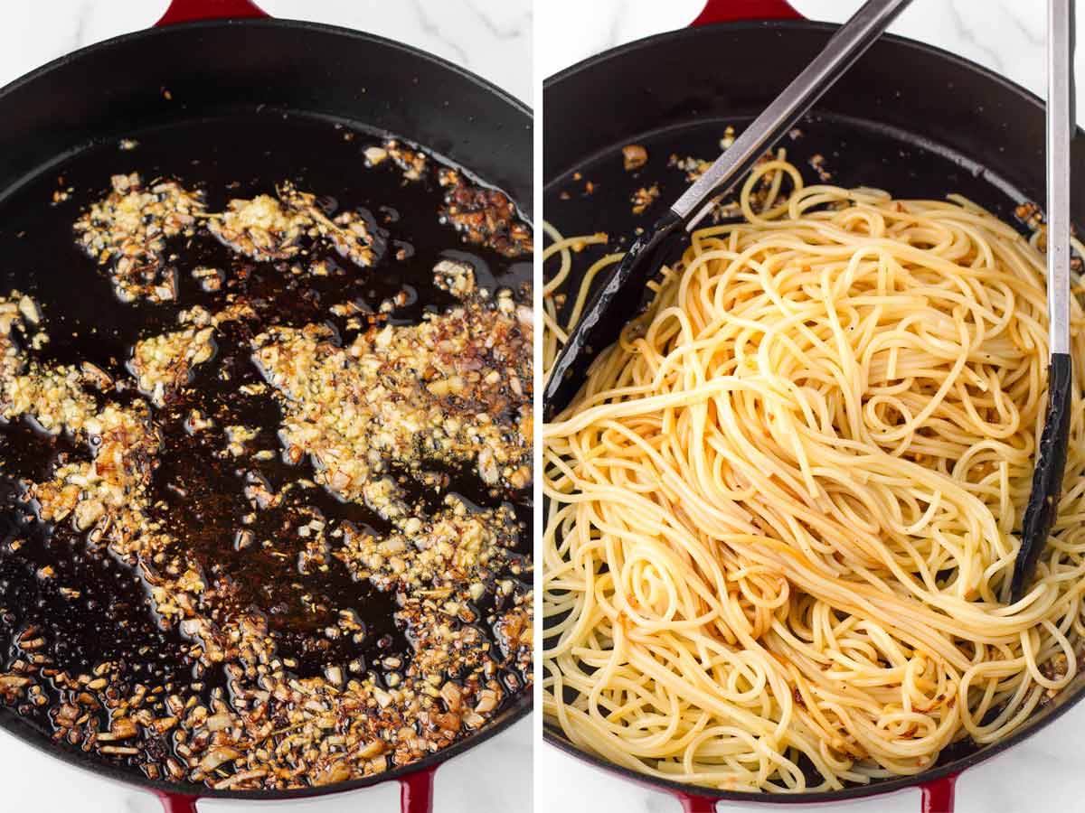 tossing pasta with sauted aromatics in skillet