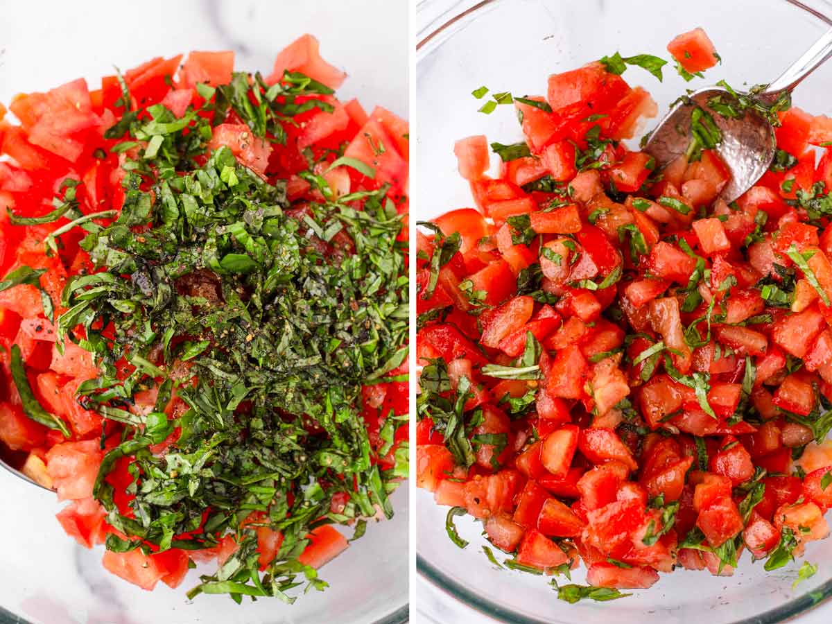 tossing tomatoes and basil with seasoning