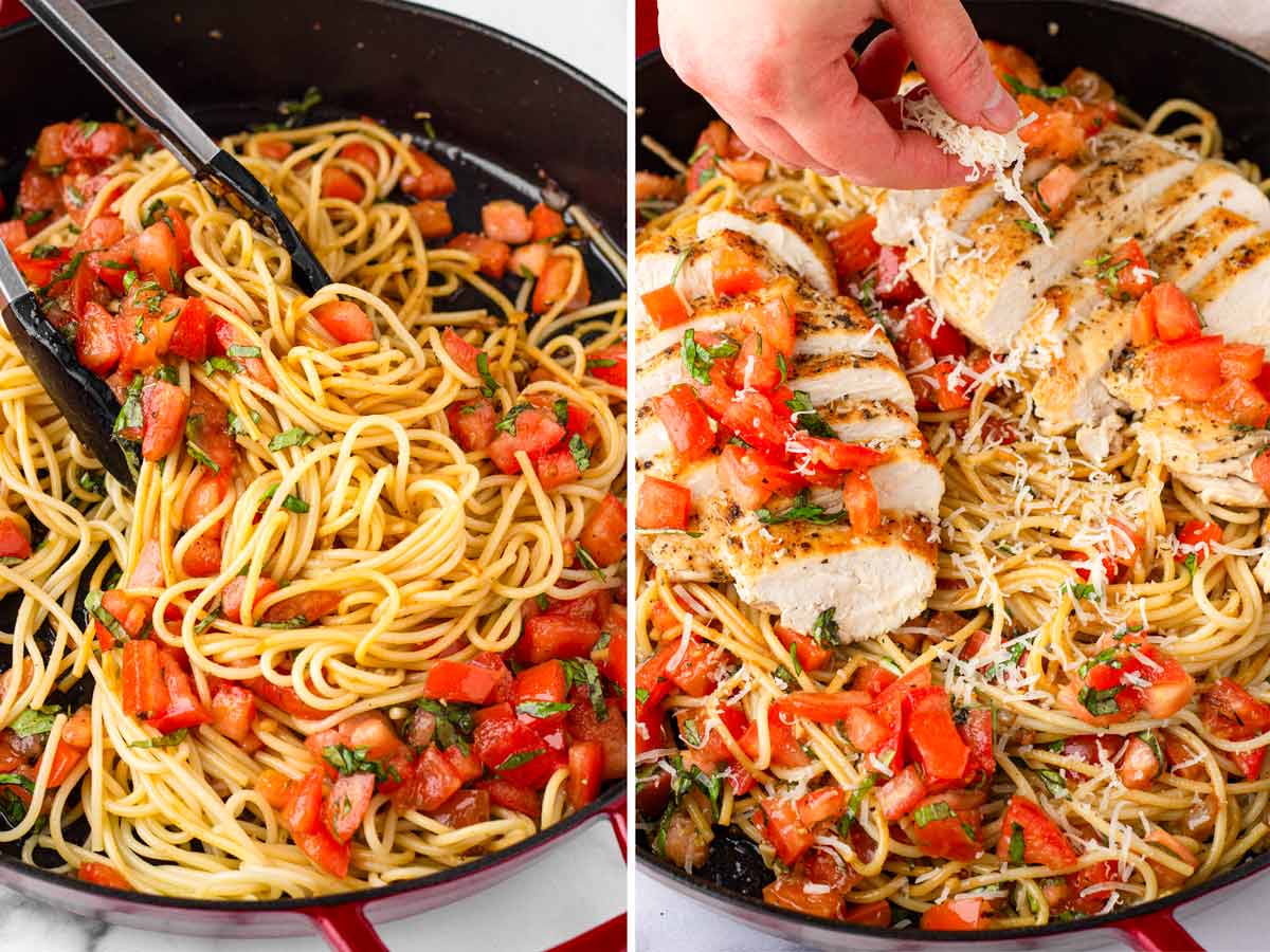 assembling the pasta dish in skillet