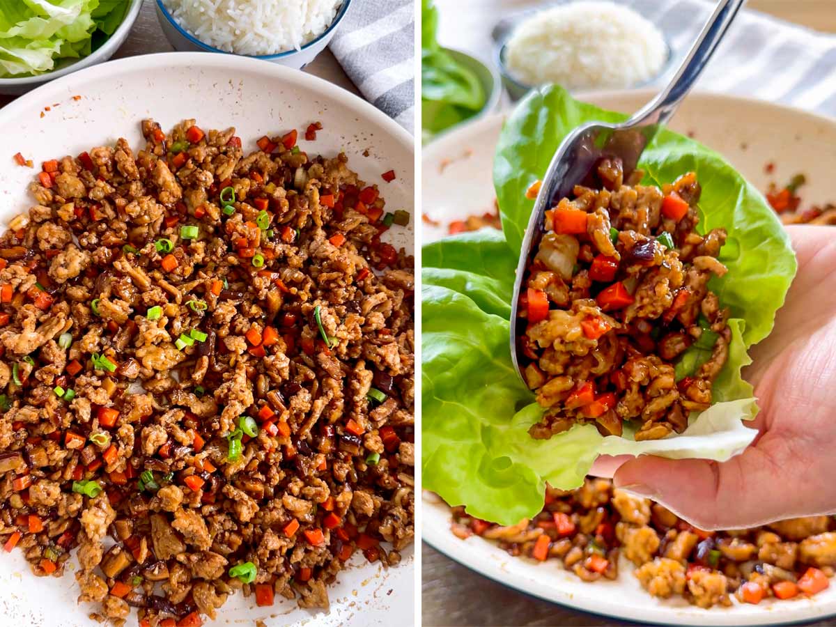 assembling chicken filling on lettuce