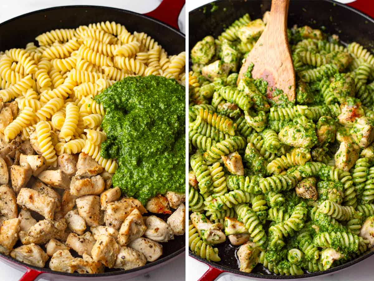 tossing pasta with sauce, pasta, and chicken