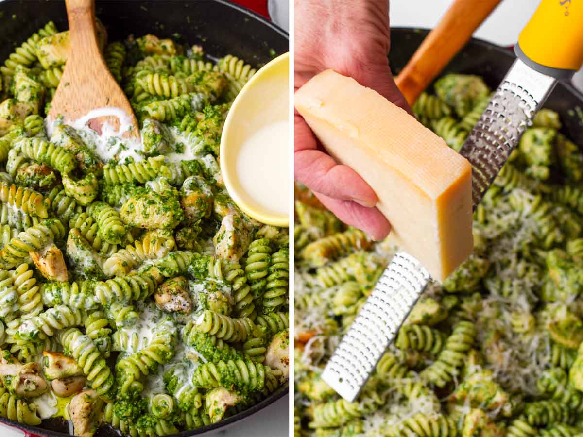 adding cream and cheese to the pasta