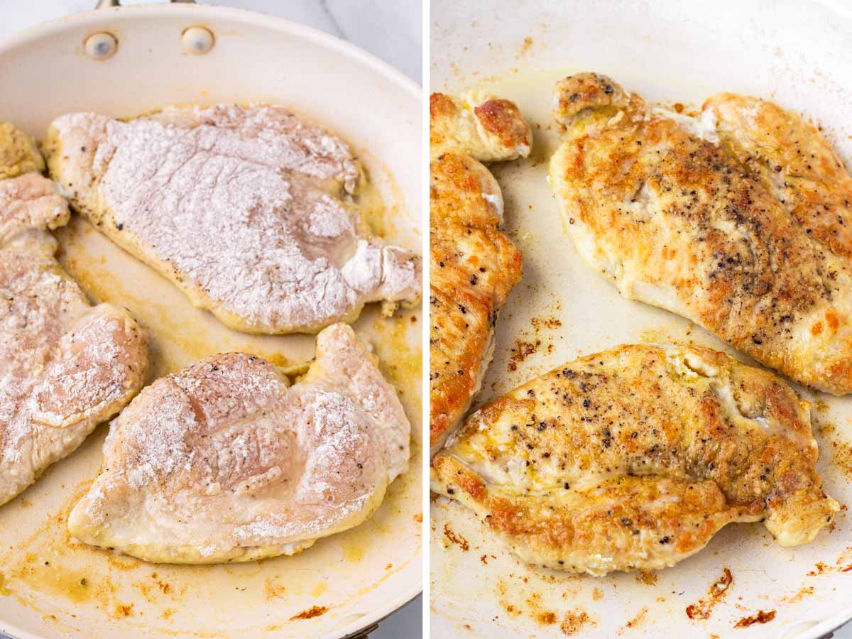 cooking floured chicken on skillet