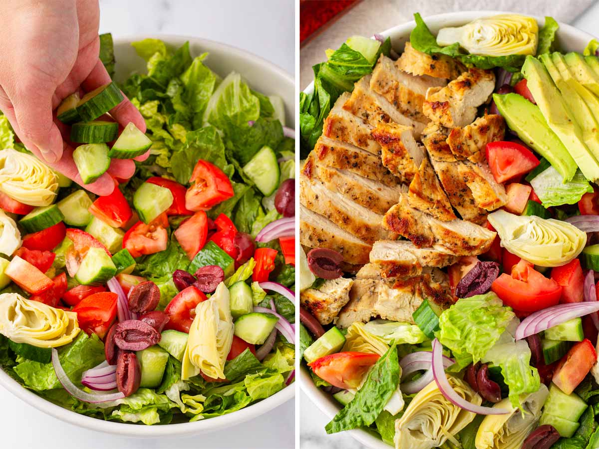 assembling salad in bowl