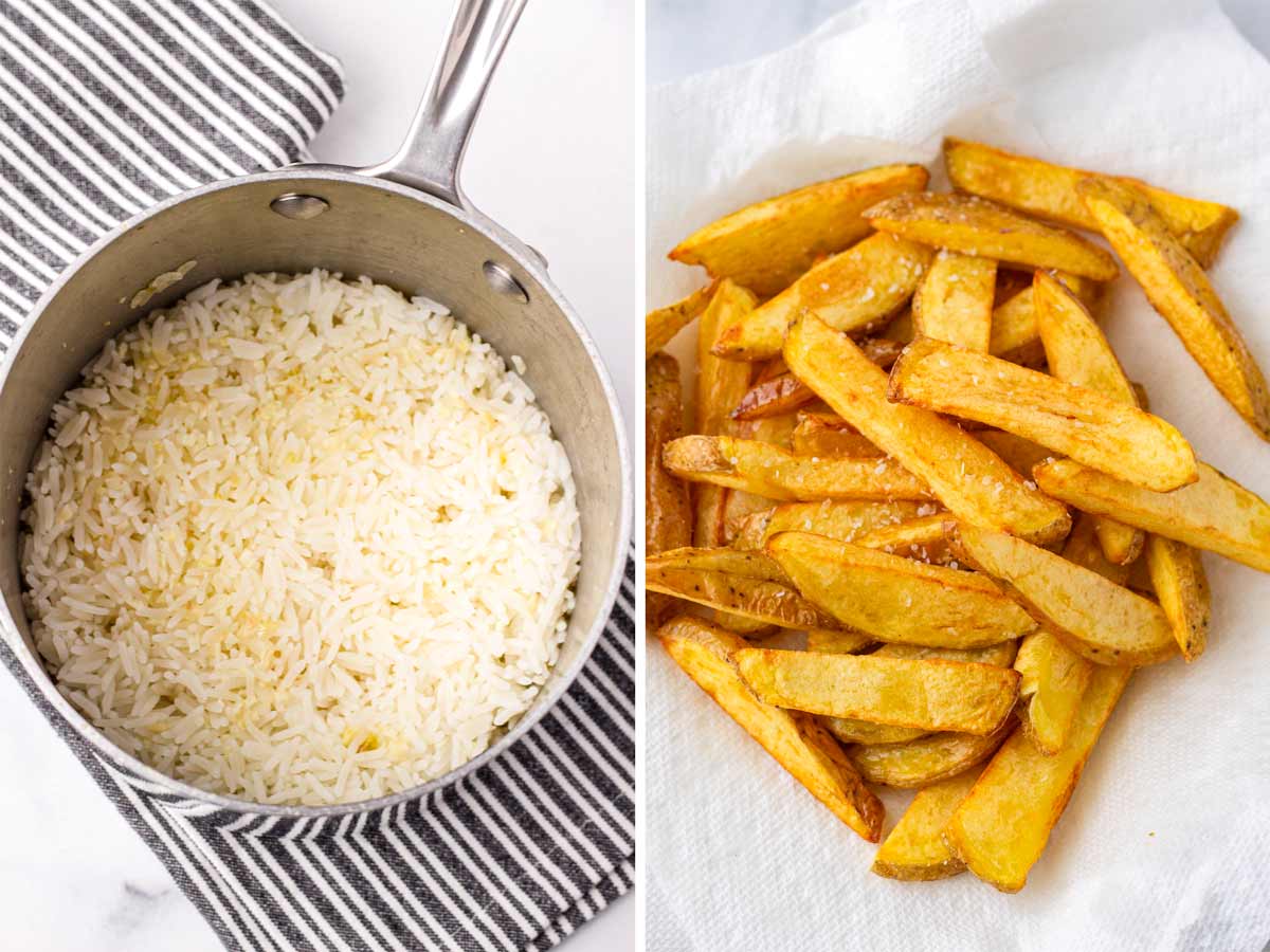 cooked rice and seasoned fries