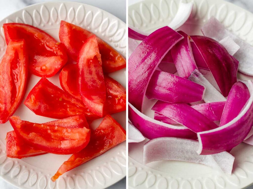 thick sliced tomatoes and onion