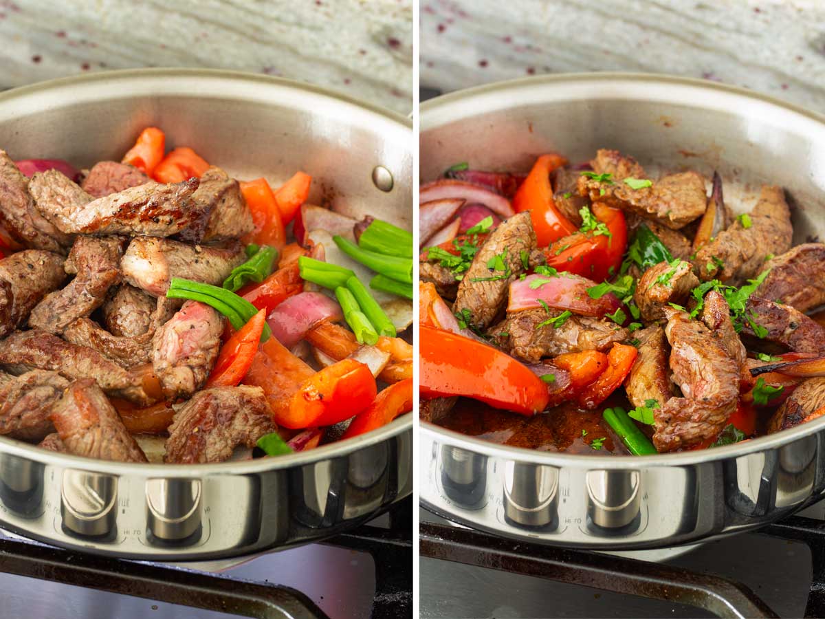 adding beef and sauce into skillet