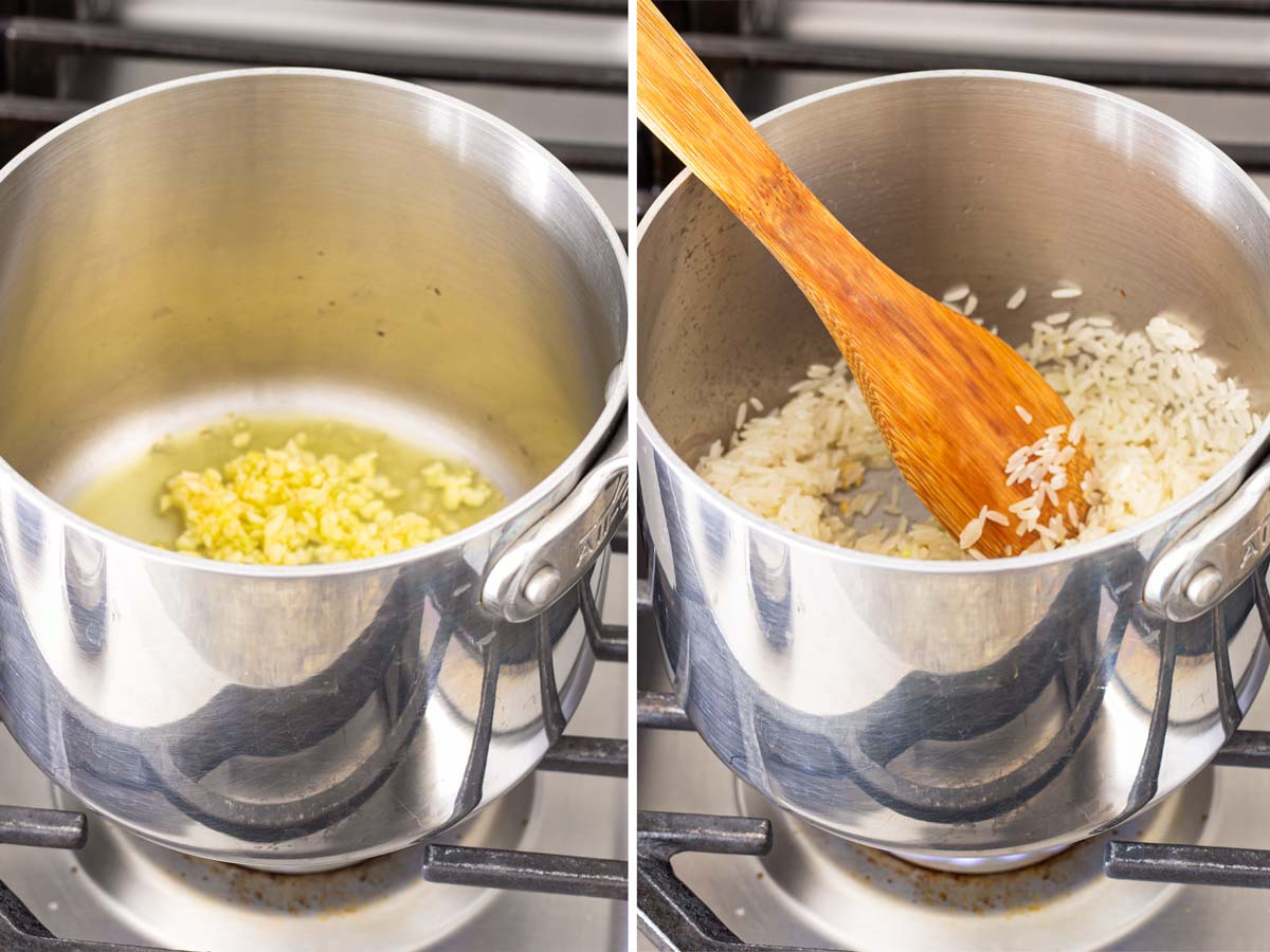 sauteing garlic and rice in a pan