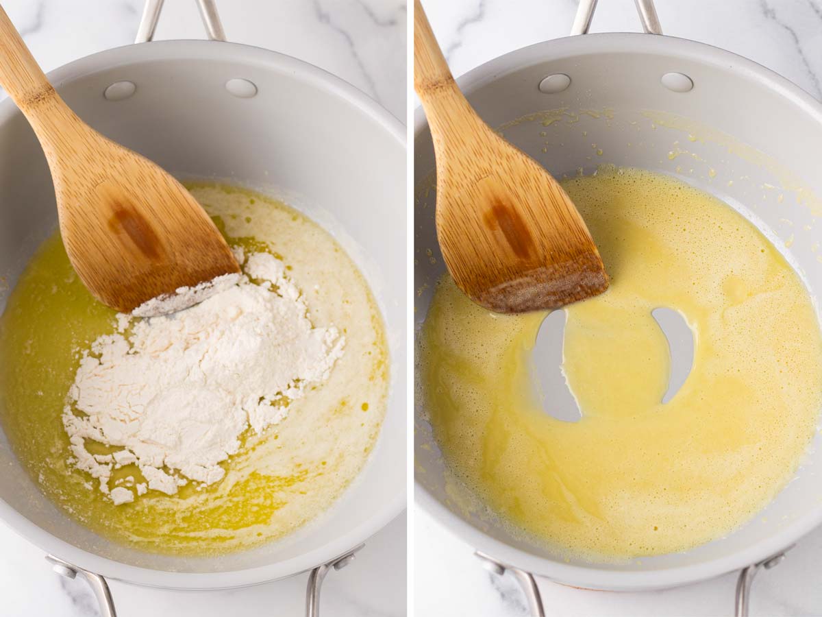 adding flour to melted butter