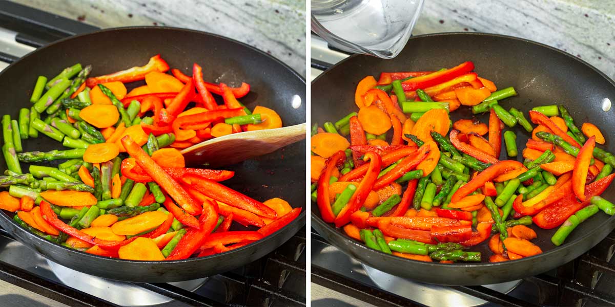 sauteing the sliced vegetables in skillet