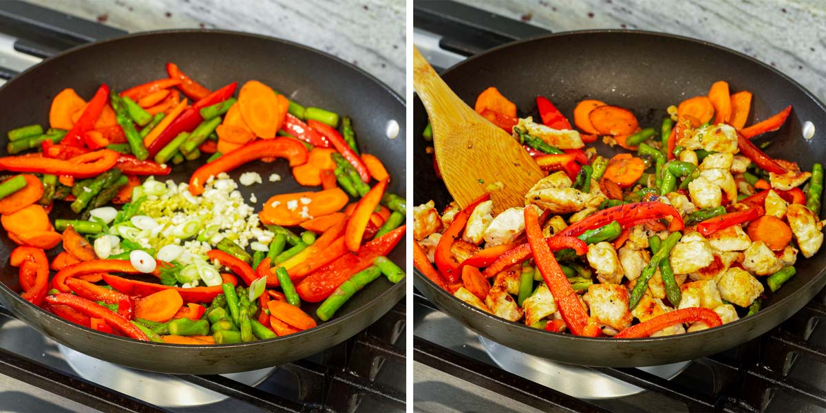 adding aromatics and the cooked chicken into skillet