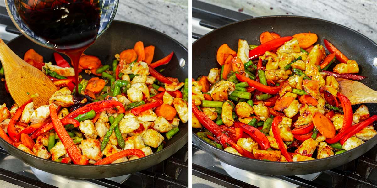 adding teriyaki sauce to the skillet