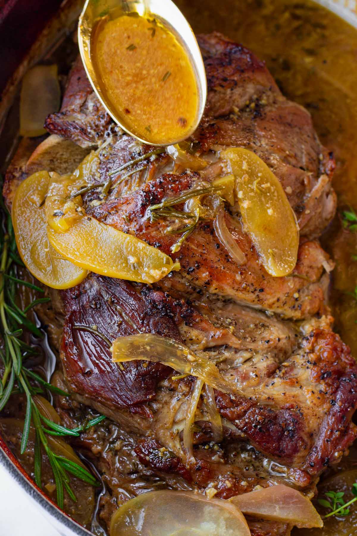 apple cider braised pork shoulder with juices