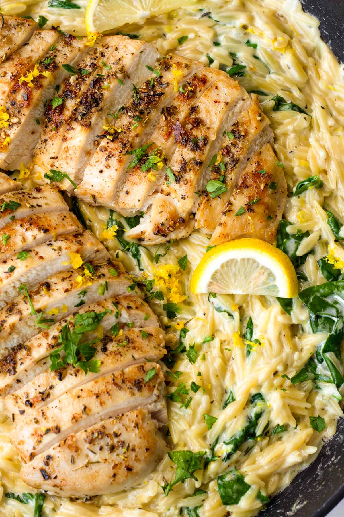 creamy chicken orzo with spinach and lemon