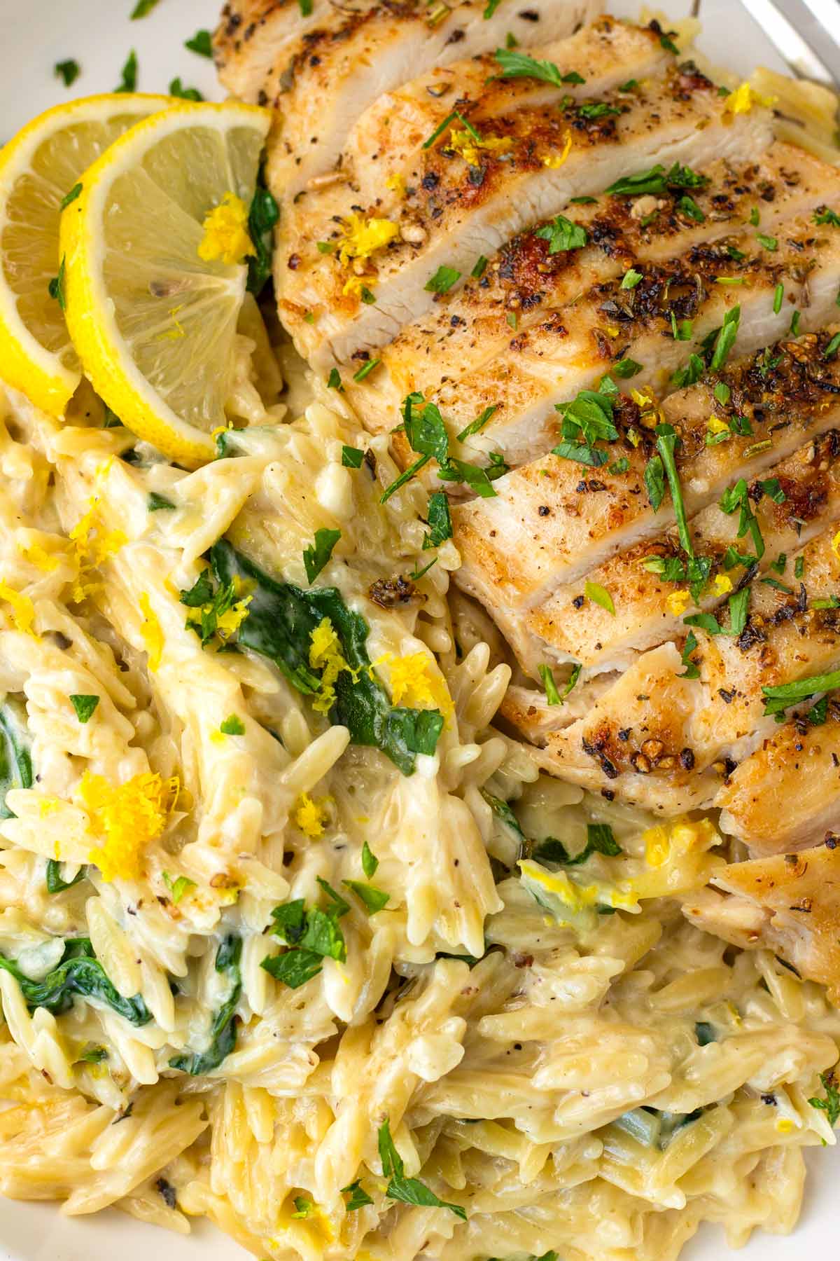 close up of lemon chicken orzo