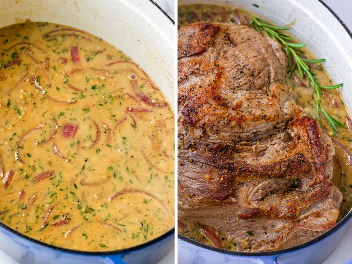 braising liquid and seared pork in dutch oven