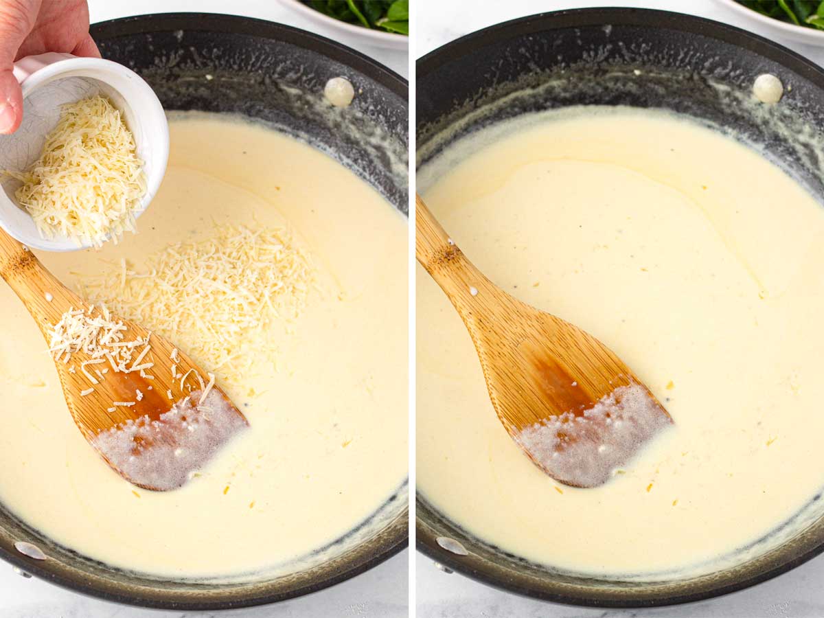 adding cheese to the creamy sauce