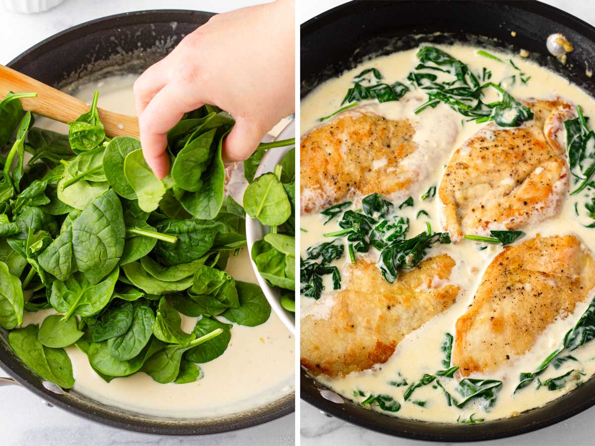 adding spinach and chicken to the sauce