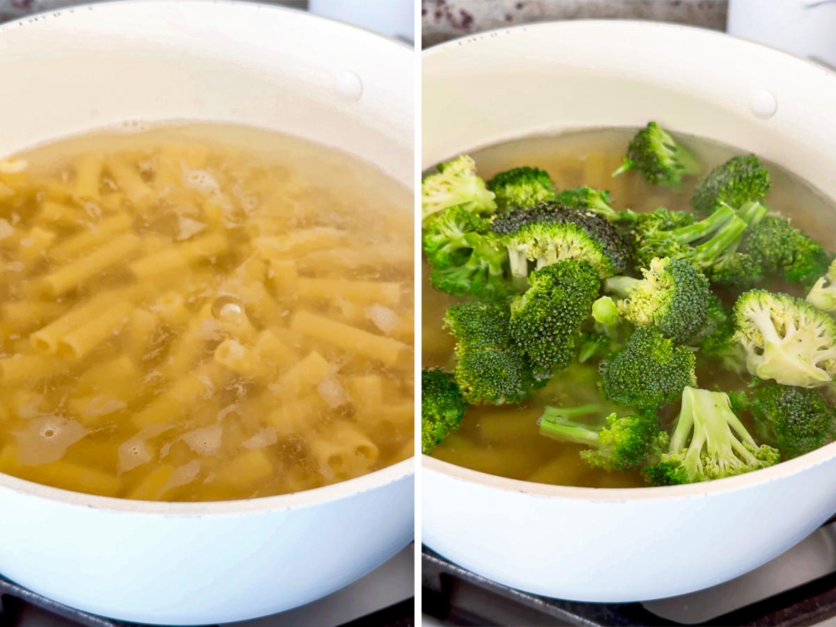 cooking pasta and broccoli