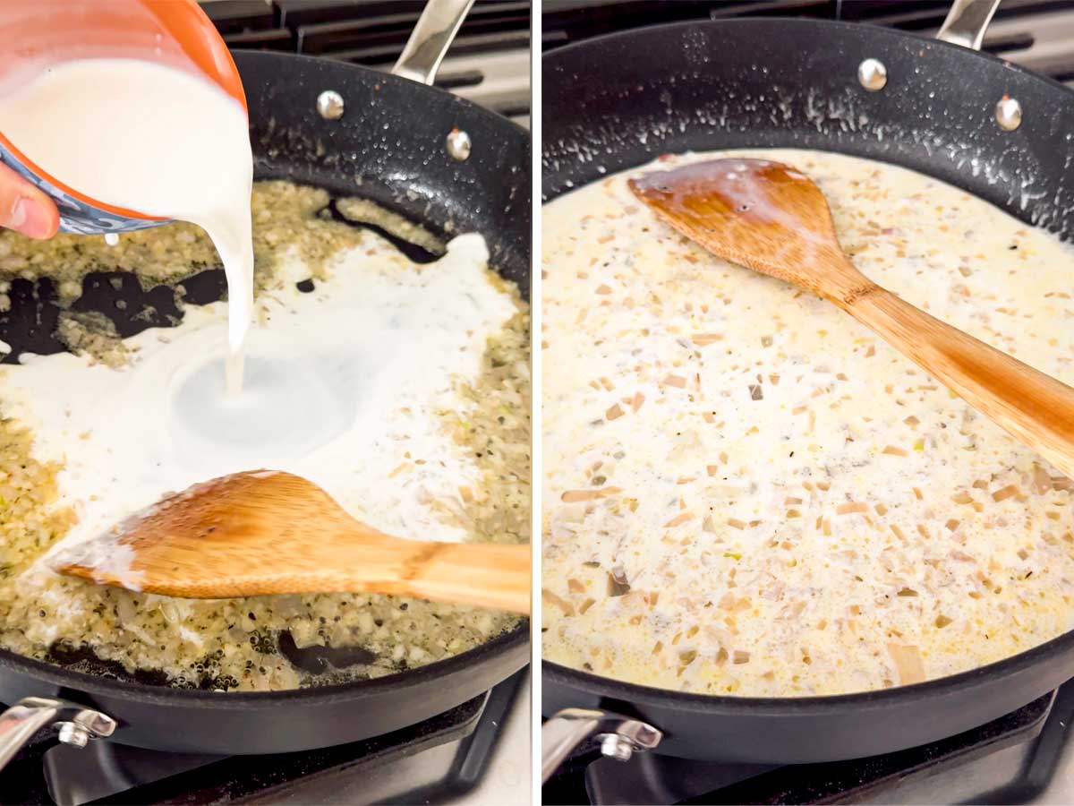 adding half and half to skillet