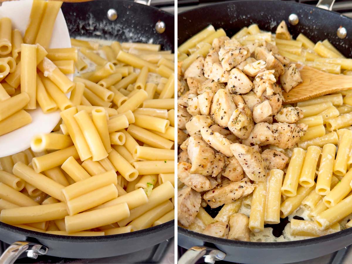 adding pasta and chicken to skillet