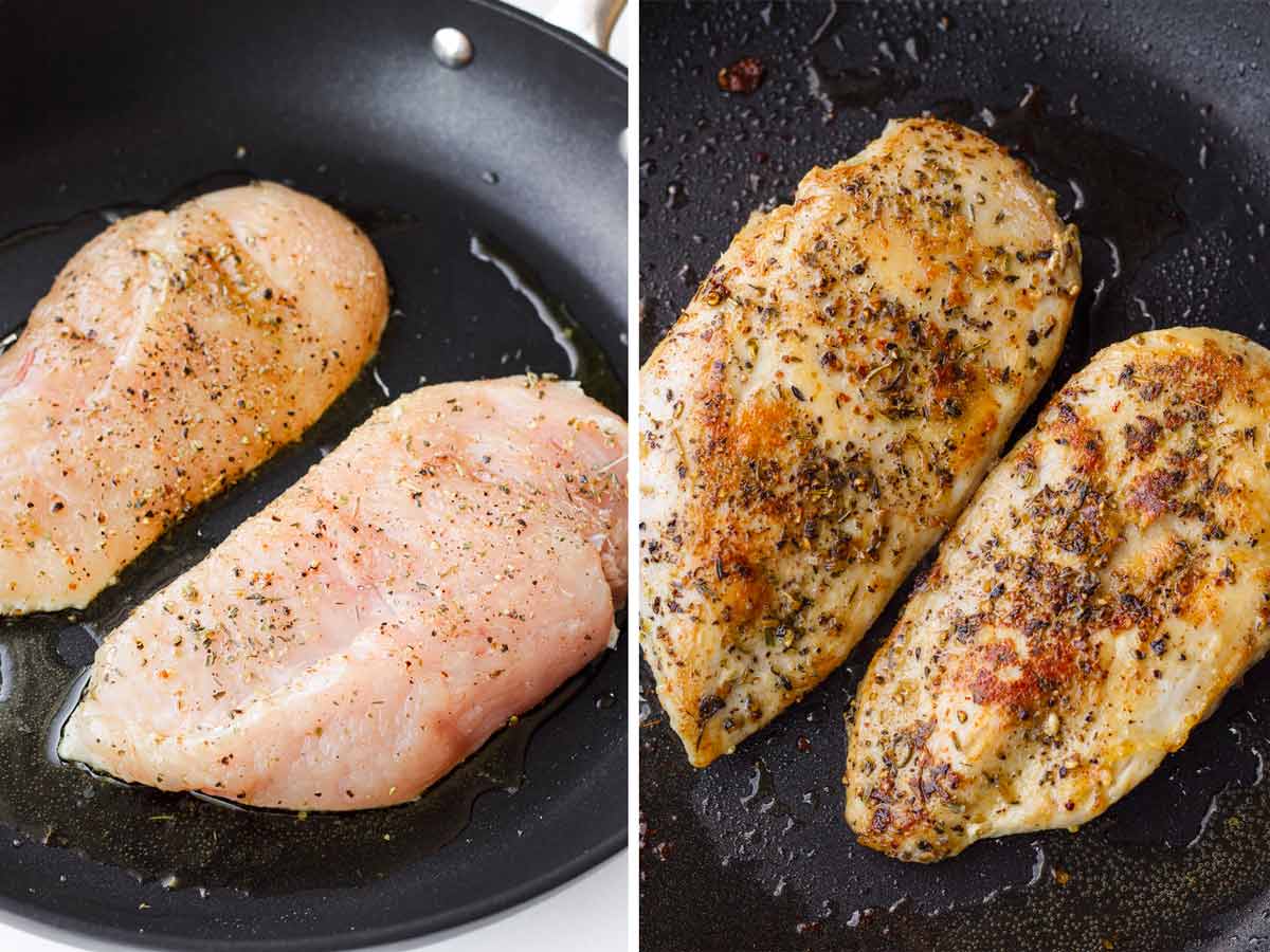 cooking chicken breasts on skillet