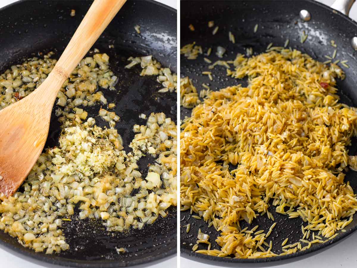 cooking aromatics and orzo in skillet