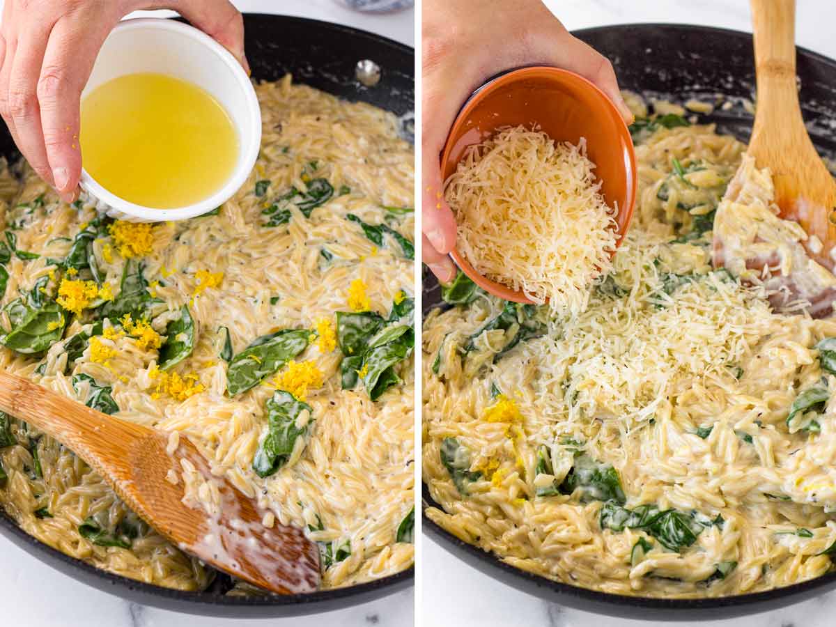 adding lemon juice and cheese to skillet