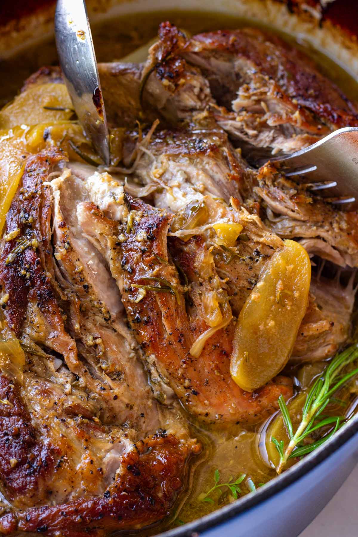 shredding apple cider braised pork roast