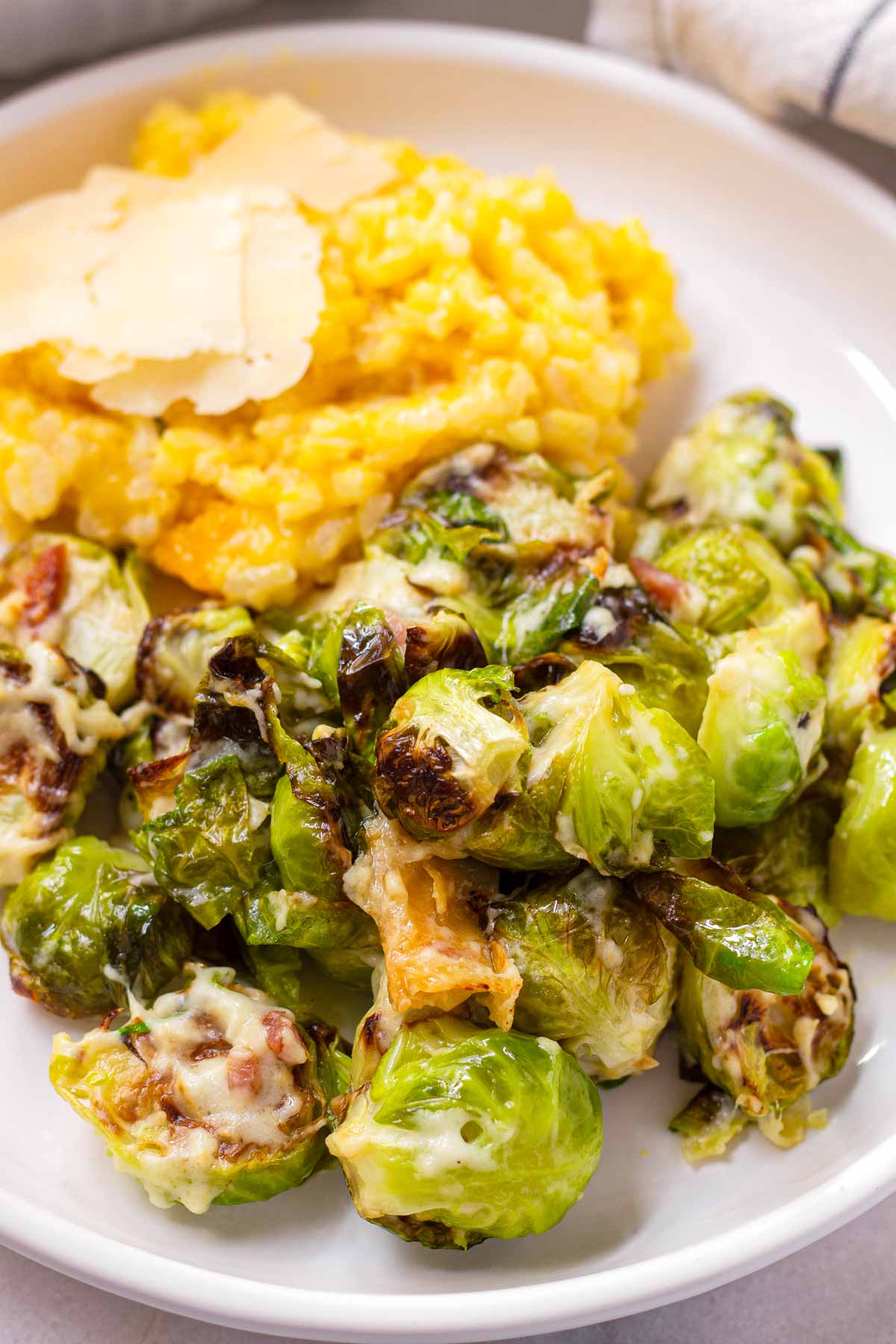 plate with brussels sprouts and risotto