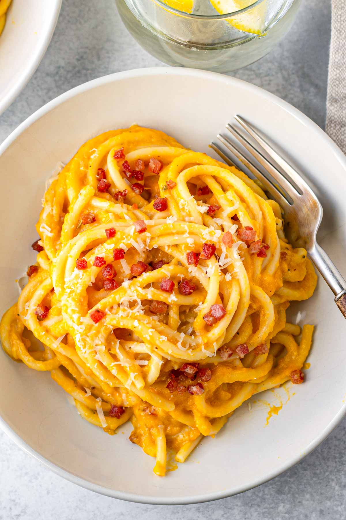 bowl of creamy butternut squash pasta