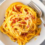 a bowl of creamy butternut squash pasta