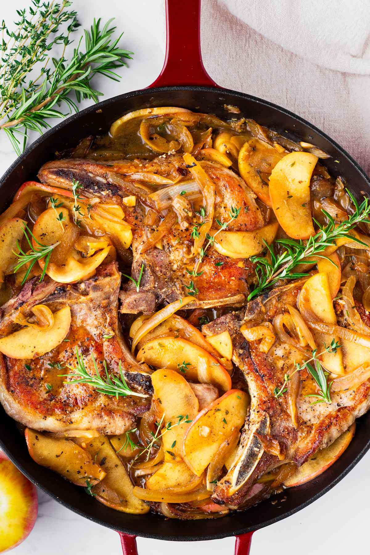 skillet pork chops with apples, onions, and herbs