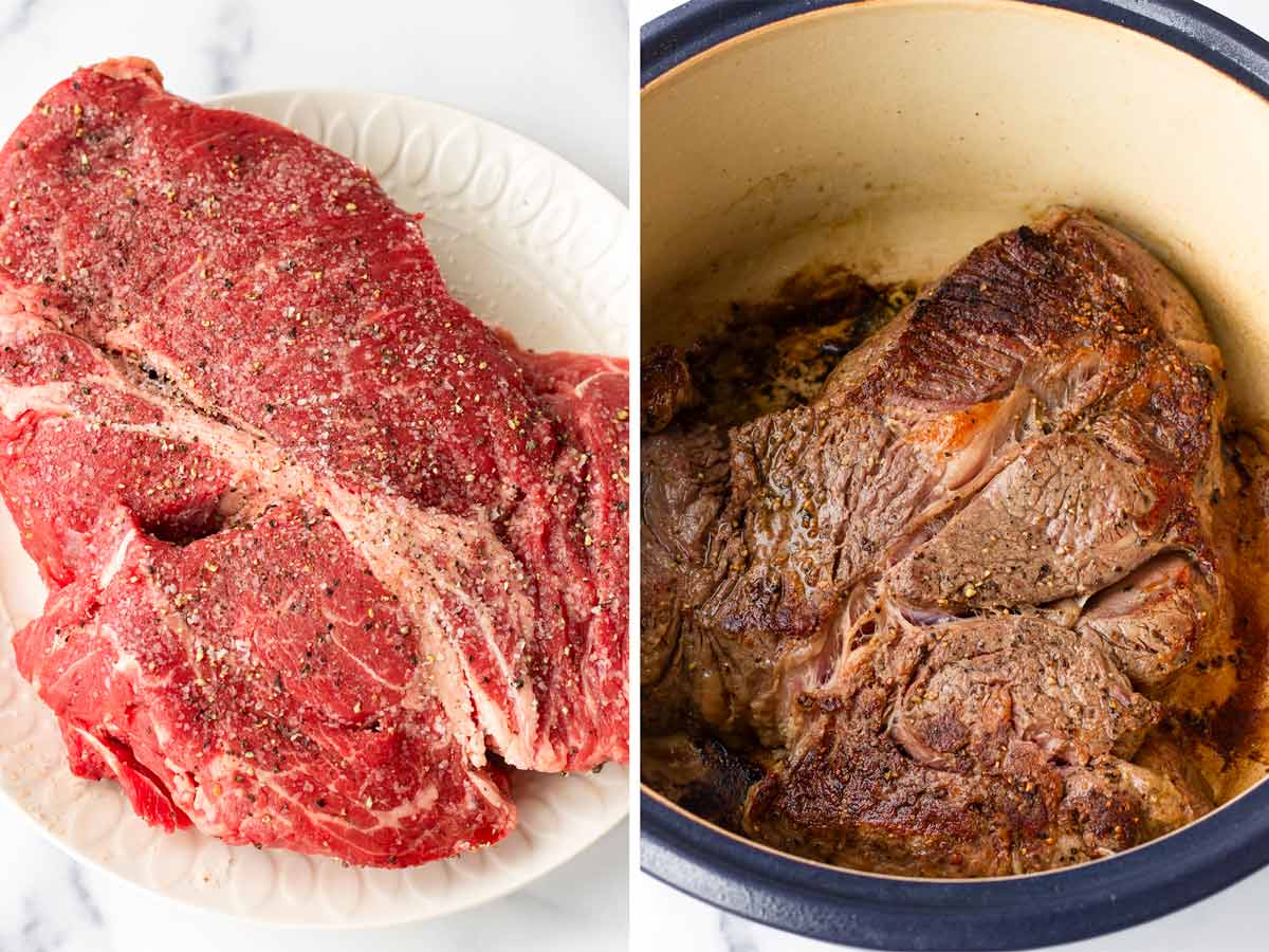 seasoning and searing beef chuck in dutch oven