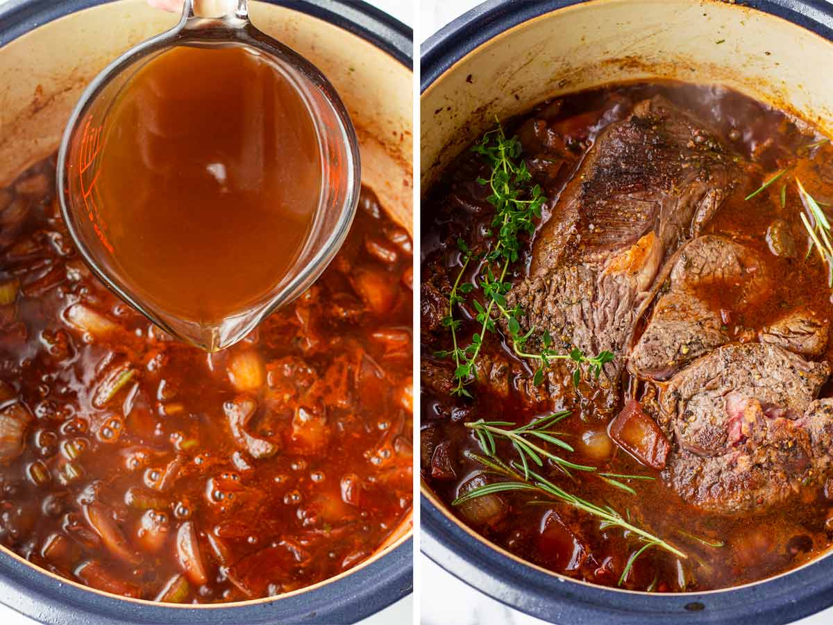 adding broth and beef to the pot