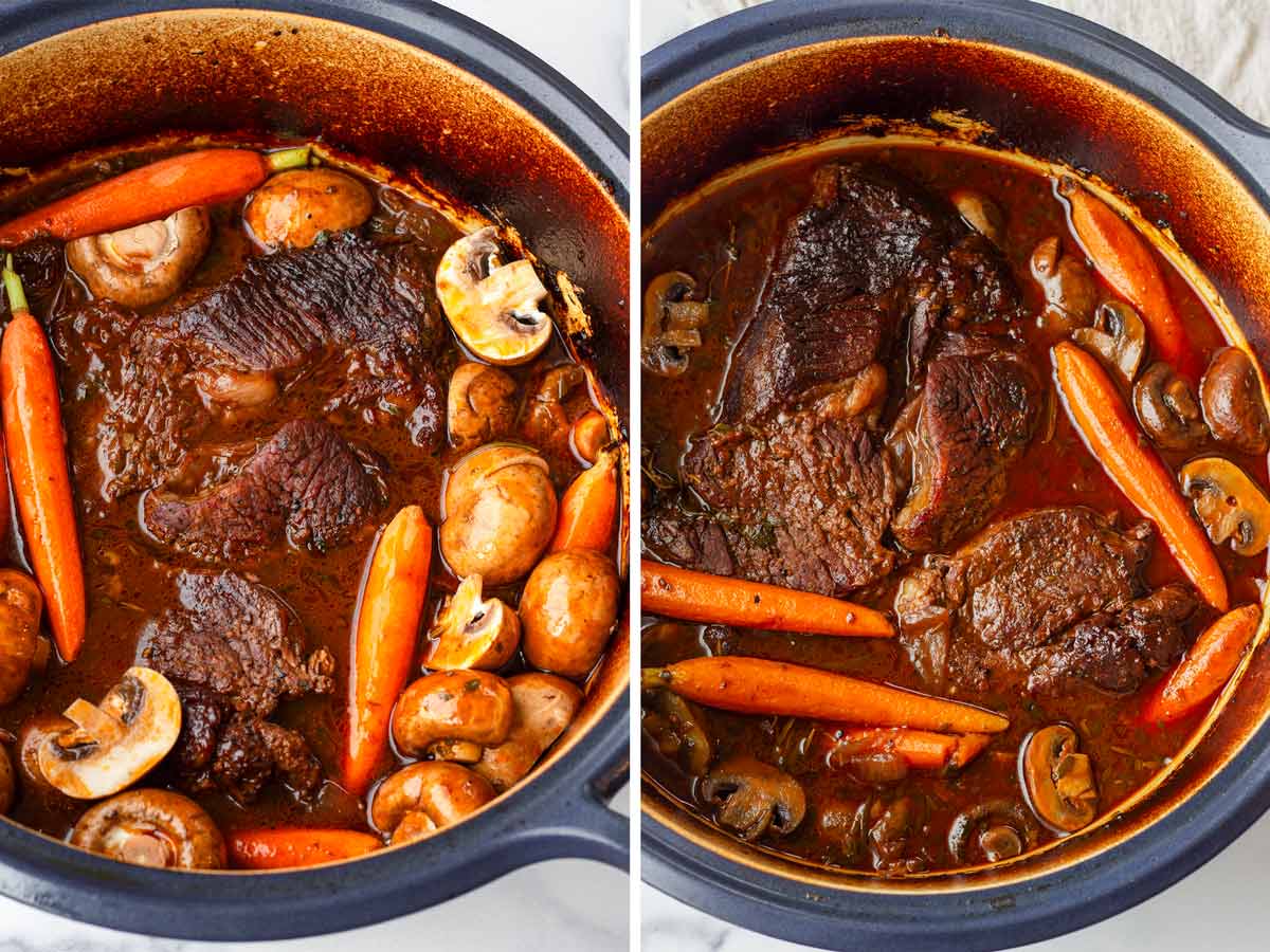 adding mushrooms and carrots to the roast