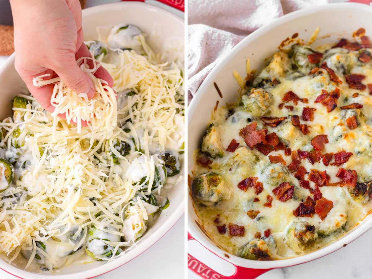 adding cheese and bacon to the baking pan